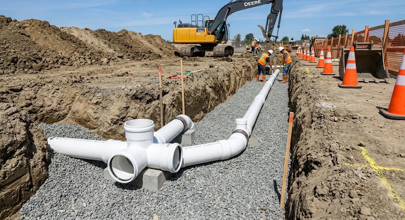 New PVC sewer pipe installation in open trench for Sewer Backup in Palmdale